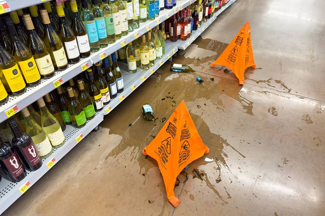 Broken wine bottles seen on the floor and cone-shaped wet floor signs on the sides in a local supermarket.